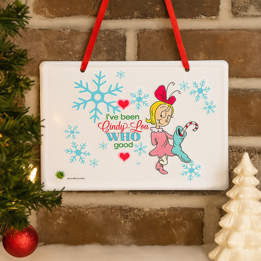Small metal sign featuring Cindy Lou Who with "Nice" message, 15x10cm Dr. Seuss holiday décor.