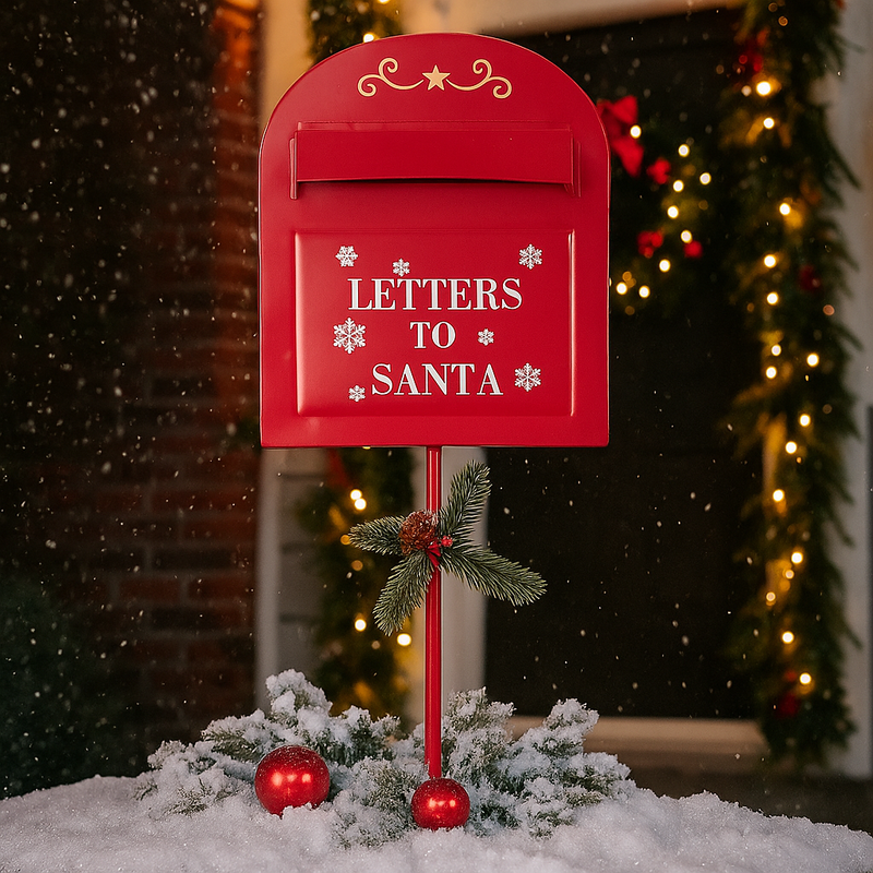 Festive metal post box ornament on pick for holiday displays 23x10x27.5cm