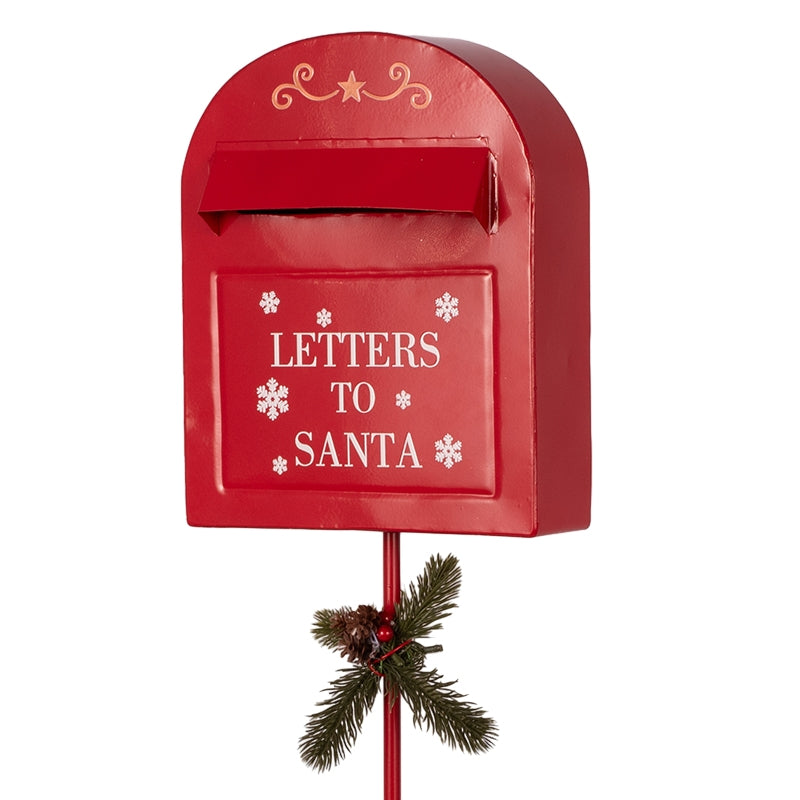 Festive metal post box ornament on pick for holiday displays 23x10x27.5cm