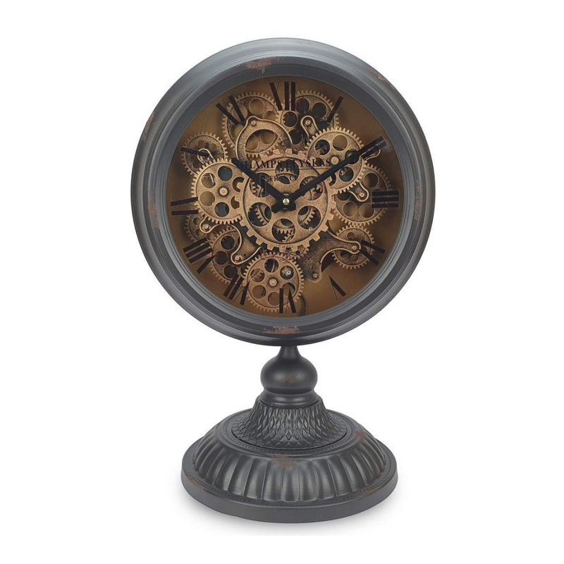 Black metal table clock with rotary gear design, 54cm tall