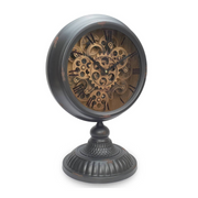 Black metal table clock with rotary gear design, 54cm tall