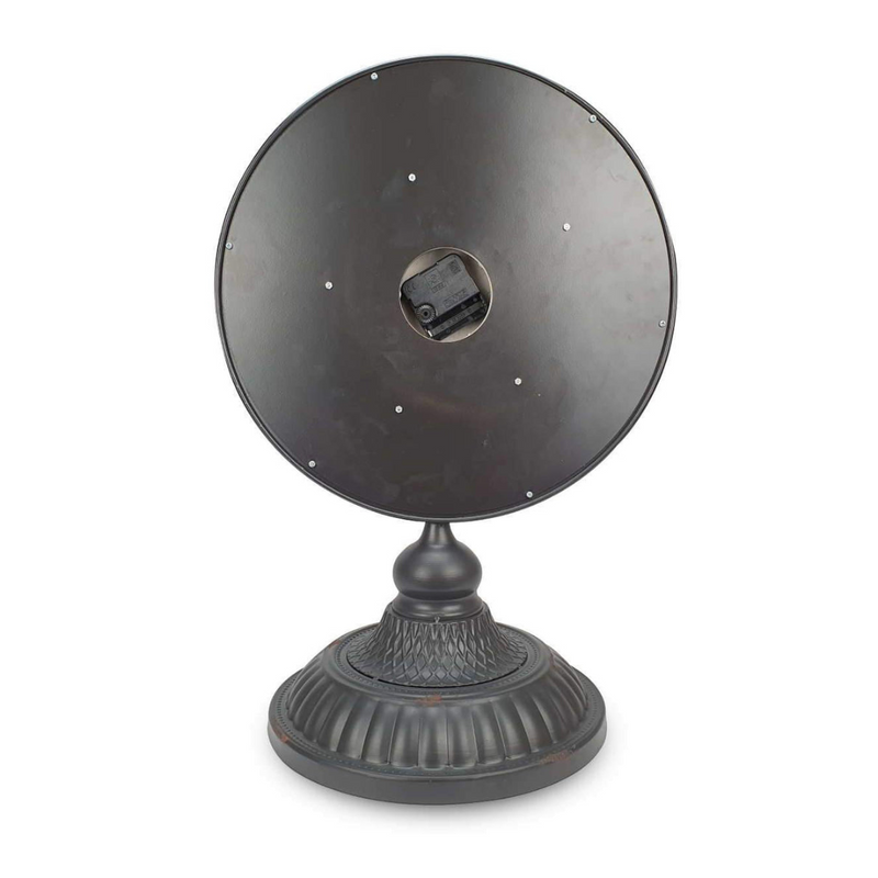 Black metal table clock with rotary gear design, 54cm tall