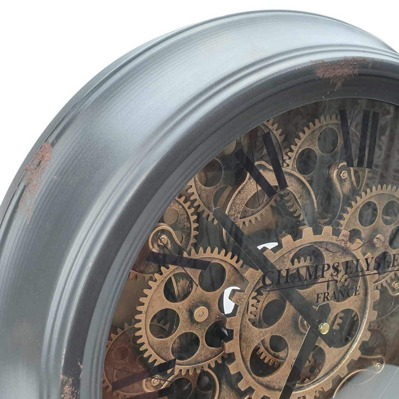 Black metal table clock with rotary gear design, 54cm tall
