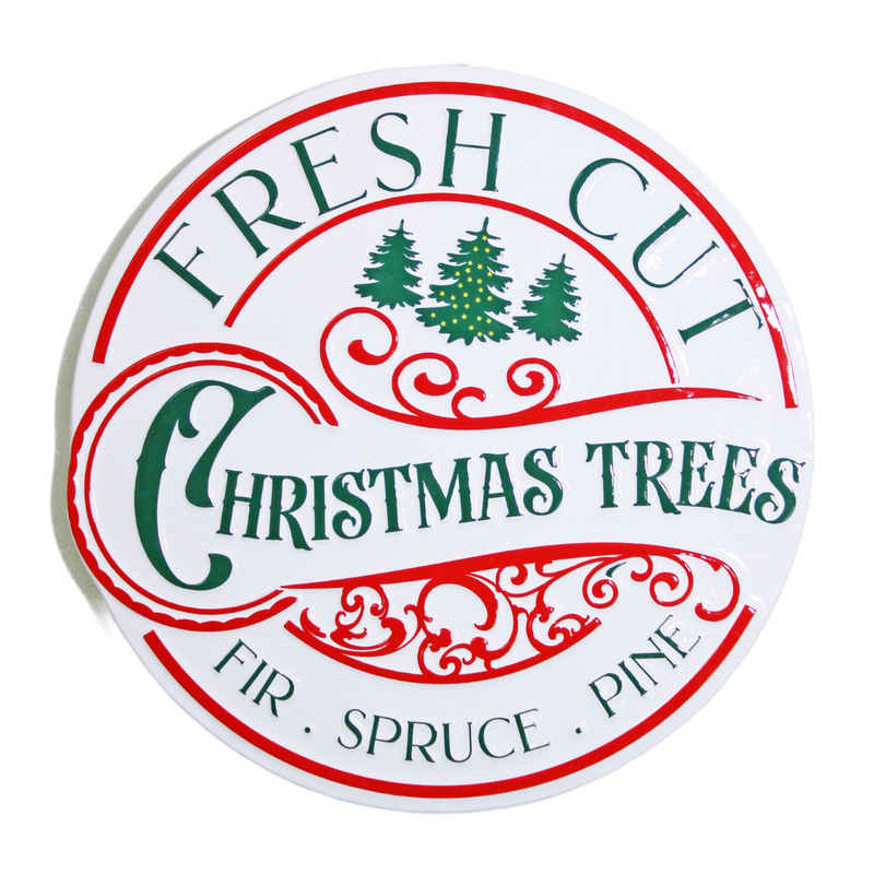Round metal Fresh Cut Christmas Trees sign with rustic vintage design