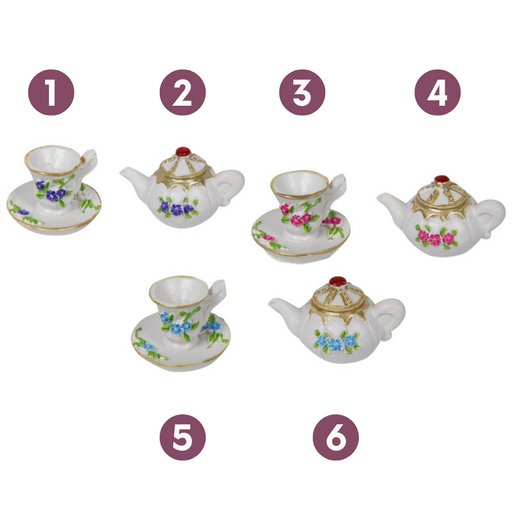 Ronis Miniature Teacup Saucer and Teapot 6 Asstd