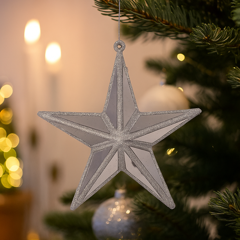 Silver mirror celestial star tree ornament, 15cm Christmas decoration