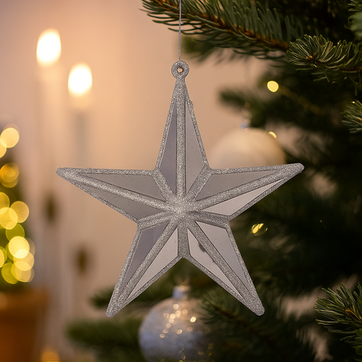 Silver mirror celestial star tree ornament, 15cm Christmas decoration