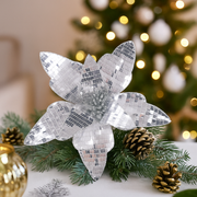 Mirror Sequin Poinsettia Stem Silver 31cm flower with 50cm stem Christmas decoration