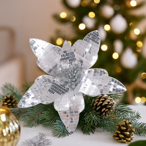 Mirror Sequin Poinsettia Stem Silver 31cm flower with 50cm stem Christmas decoration