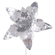 Mirror Sequin Poinsettia Stem Silver 31cm flower with 50cm stem Christmas decoration