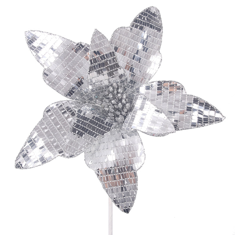 Mirror Sequin Poinsettia Stem Silver 31cm flower with 50cm stem Christmas decoration