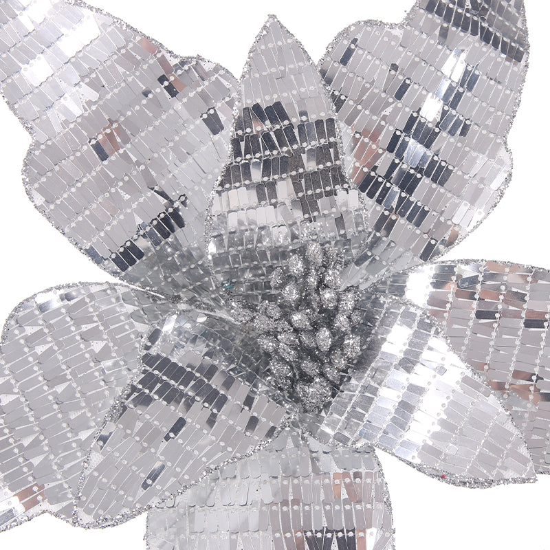 Mirror Sequin Poinsettia Stem Silver 31cm flower with 50cm stem Christmas decoration