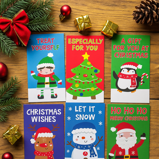 6-pack of assorted Christmas character-themed money wallets for cash or gift cards