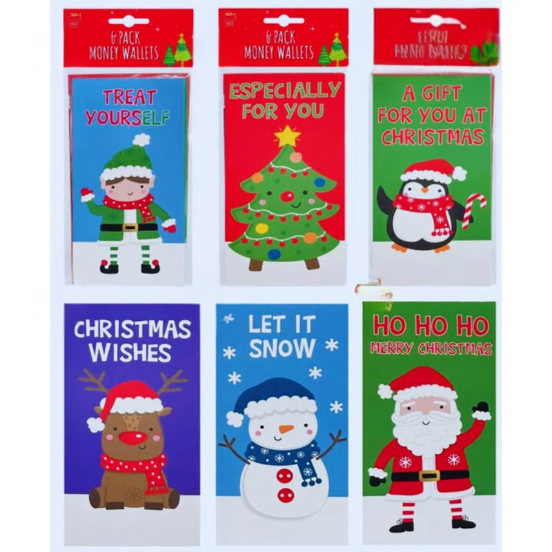 6-pack of assorted Christmas character-themed money wallets for cash or gift cards