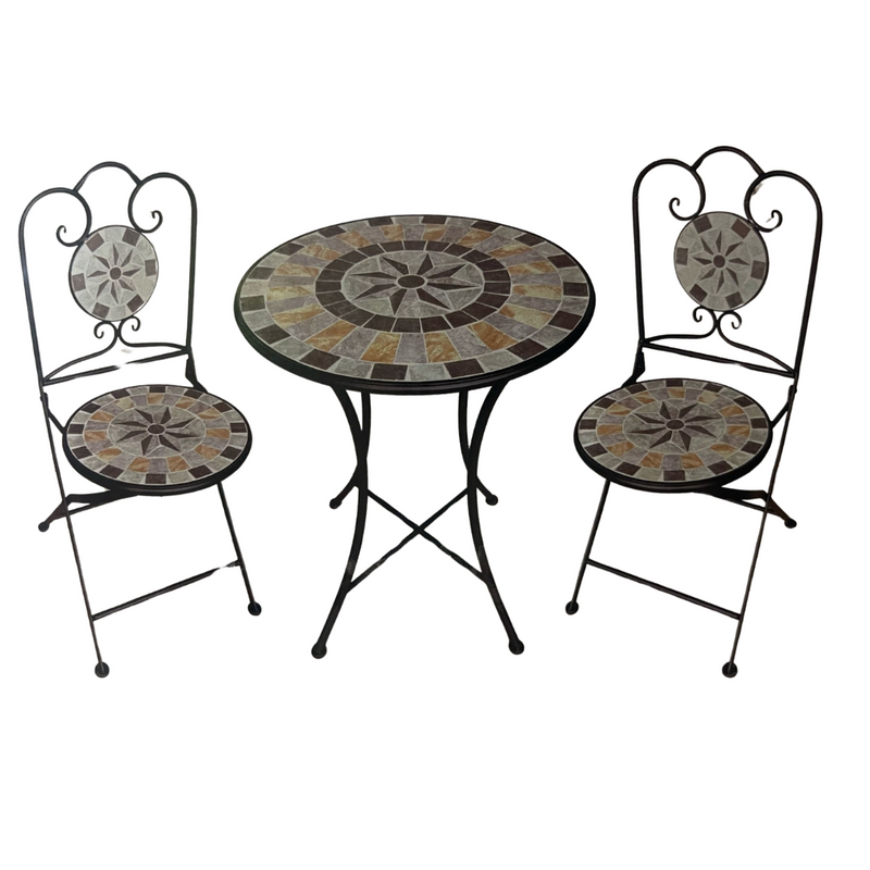 Round Mosaic Bistro Table & Chairs Rustic Compass Pattern Set 3