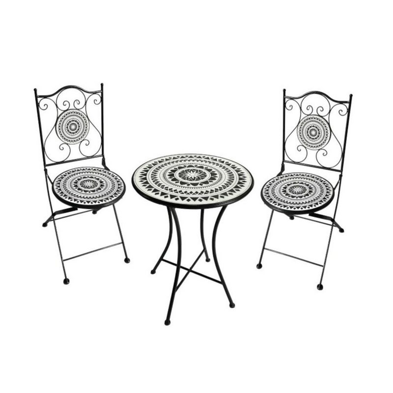 Ronis Mosaic Round Table and 2 Chair Set Black and White