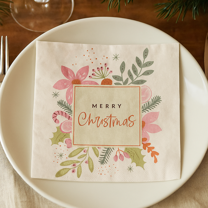 Pink 2-ply Christmas napkins with Merry Christmas text, 33x33cm, 20 pack