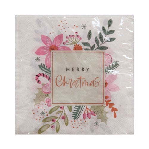 Pink 2-ply Christmas napkins with Merry Christmas text, 33x33cm, 20 pack