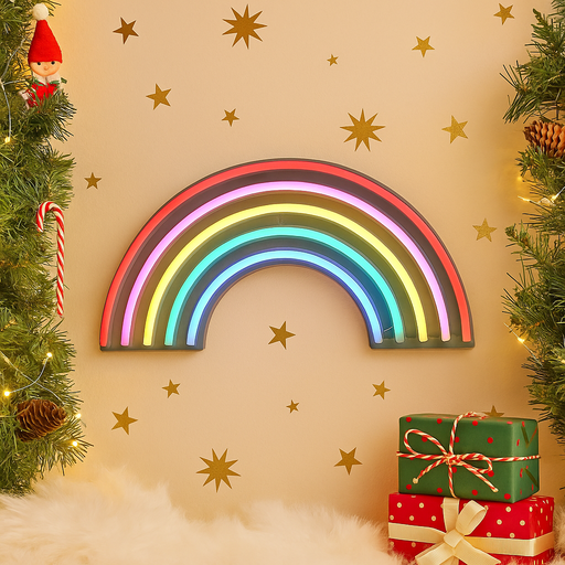 Colorful neon rainbow sign glowing with LED lights, 38x19cm, perfect for wall or shelf display