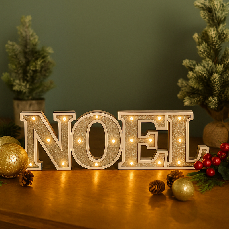 Noel Table Top Sign Light Up with Silver Details Christmas decoration
