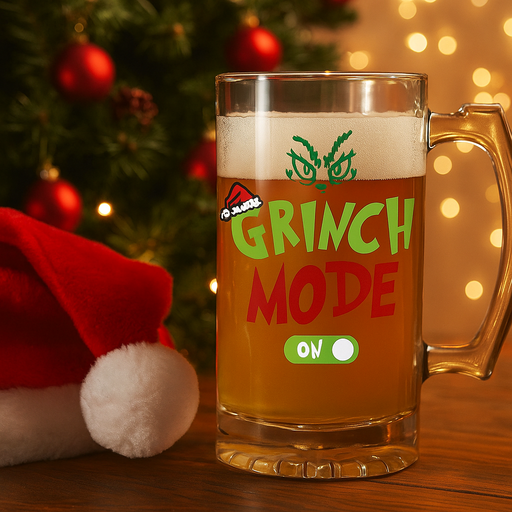 Novelty Christmas Stein 18cm – Ceramic mug with “Grinch Mode On” text in festive colours, perfect for holiday drinks