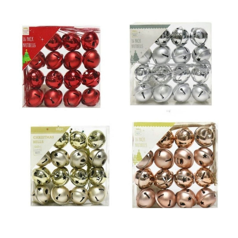 Four packages of Christmas bells arranged in a 2x2 grid on a white background. Top-left is a 12-pack of red jingle bells, top-right is a 12-pack of silver jingle bells, bottom-left is a 12-pack of gold jingle bells, and bottom-right is a 12-pack of rose gold jingle bells.