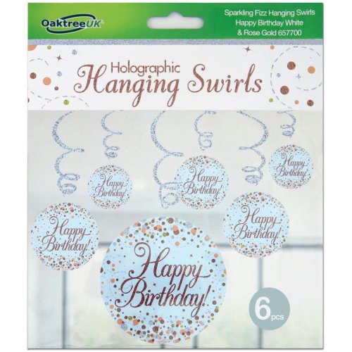 Rose gold happy birthday hanging swirls