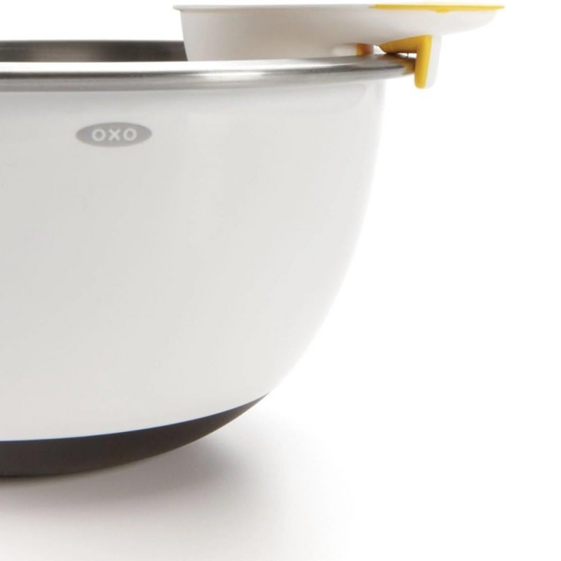 OXO Good Grips 3-in-1 Egg Separator with bowl hook, raised cracking edge, and non-slip grip for easy egg prep.