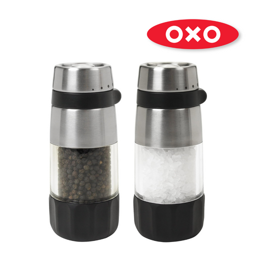 OXO Good Grips Accent Mess-Free Salt and Pepper Grinder Set with adjustable ceramic grinders and stainless steel accents.