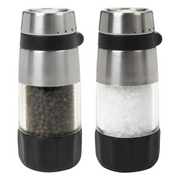 OXO Good Grips Accent Mess-Free Salt and Pepper Grinder Set with adjustable ceramic grinders and stainless steel accents.