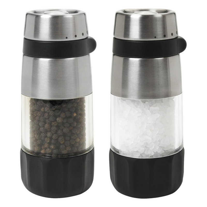 OXO Good Grips Accent Mess-Free Salt and Pepper Grinder Set with adjustable ceramic grinders and stainless steel accents.