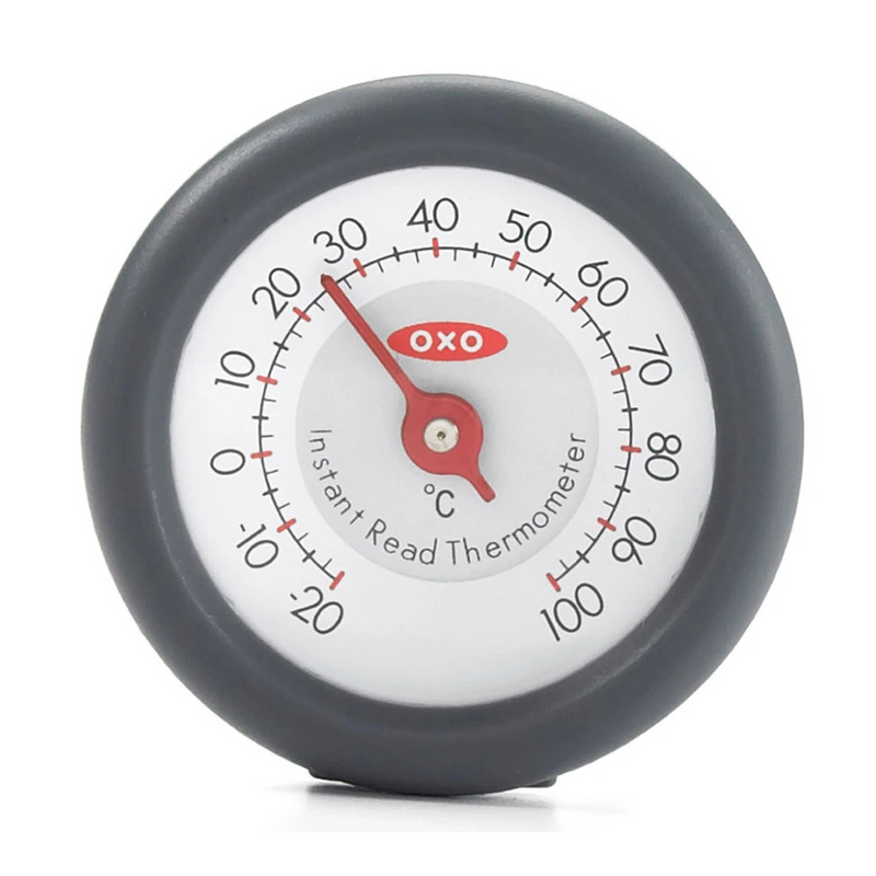 OXO Good Grips Analog Instant Read Thermometer with stainless steel probe, easy-to-read dial, and silicone grip.