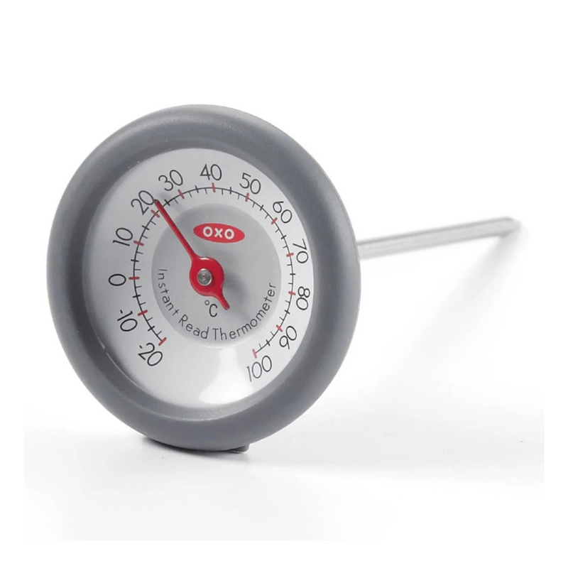 OXO Good Grips Analog Instant Read Thermometer with stainless steel probe, easy-to-read dial, and silicone grip.