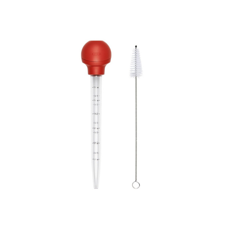 OXO Good Grips Baster with heat-safe silicone bulb and cleaning brush included.