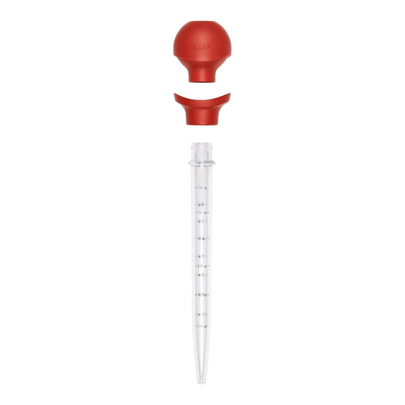 OXO Good Grips Baster with heat-safe silicone bulb and cleaning brush included.