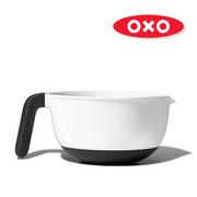 OXO Good Grips Batter Bowl with non-slip handle, wide spout, and measurement markings for easy pouring.