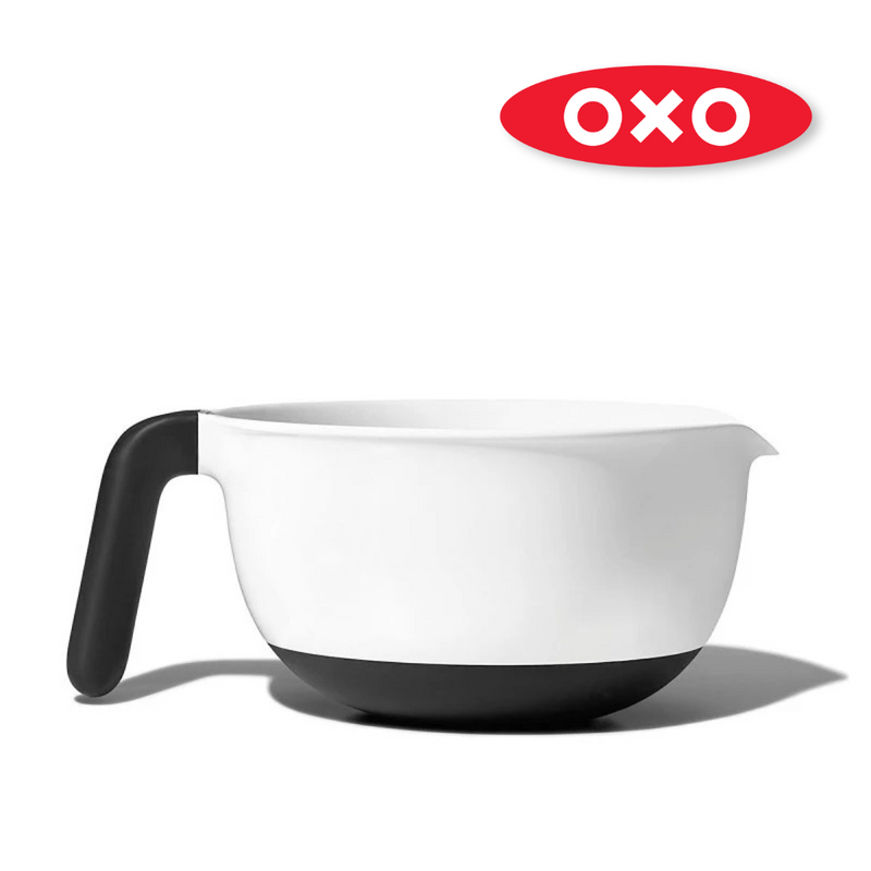 OXO Good Grips Batter Bowl with non-slip handle, wide spout, and measurement markings for easy pouring.