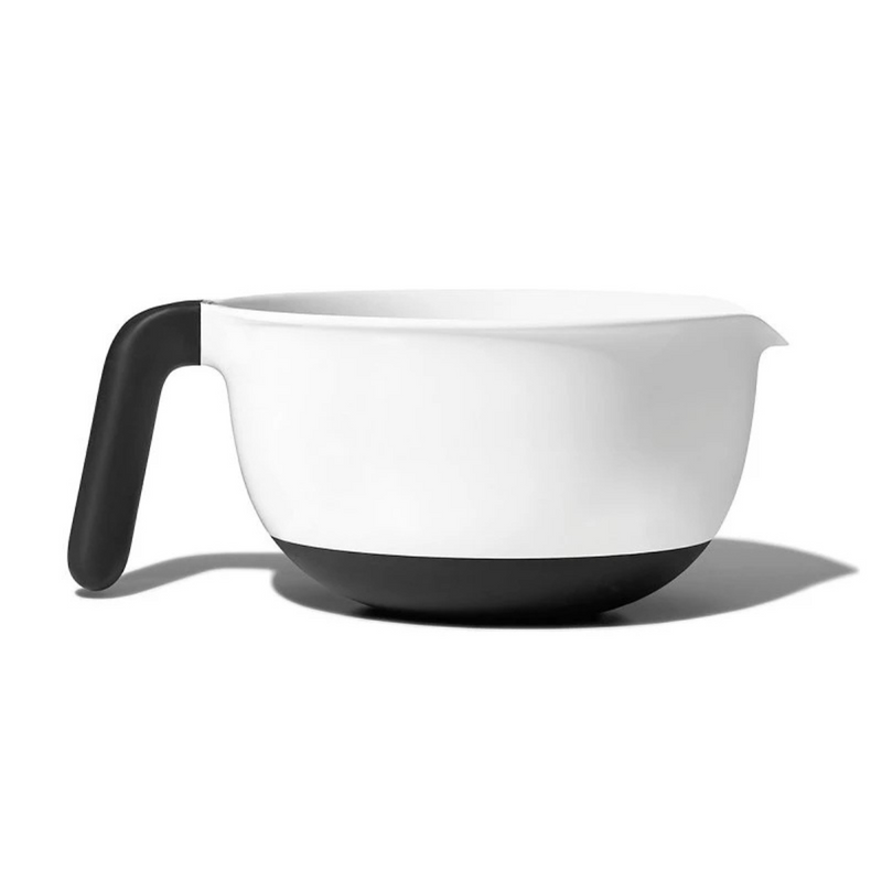OXO Good Grips Batter Bowl with non-slip handle, wide spout, and measurement markings for easy pouring.