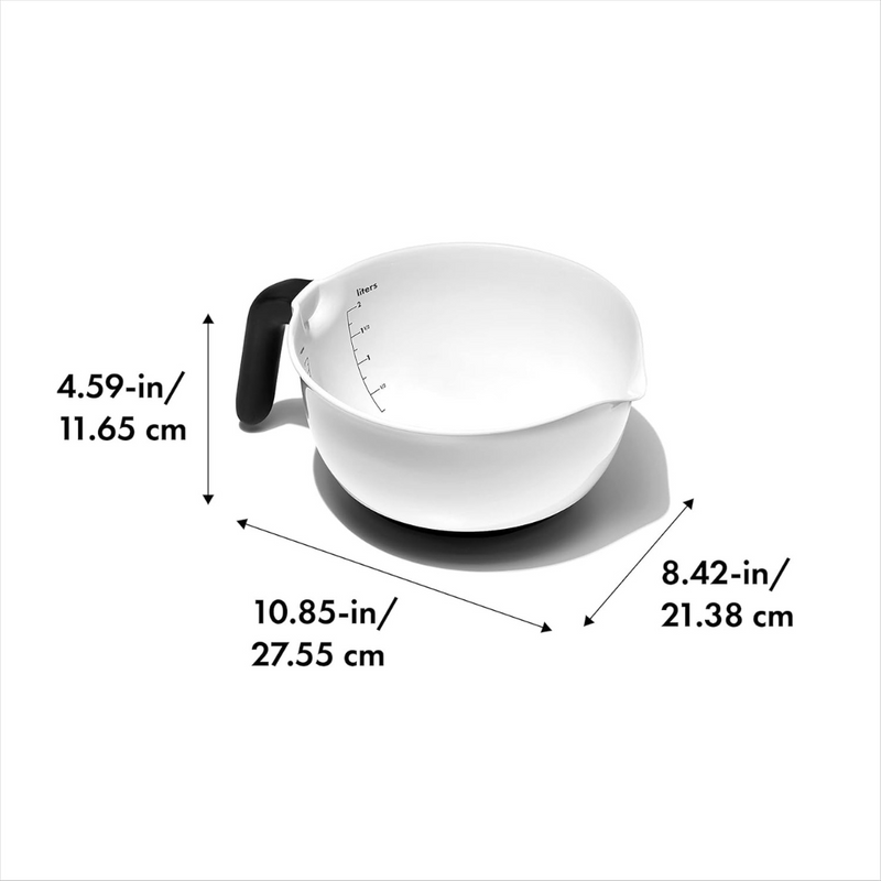 OXO Good Grips Batter Bowl with non-slip handle, wide spout, and measurement markings for easy pouring.