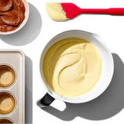 OXO Good Grips Batter Bowl with non-slip handle, wide spout, and measurement markings for easy pouring.