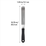 OXO Good Grips Bent Icing Knife with angled stainless steel blade and soft non-slip handle for smooth cake decorating.