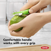 OXO Good Grips Citrus Prep Peeler and Zester with black handle and stainless steel blades