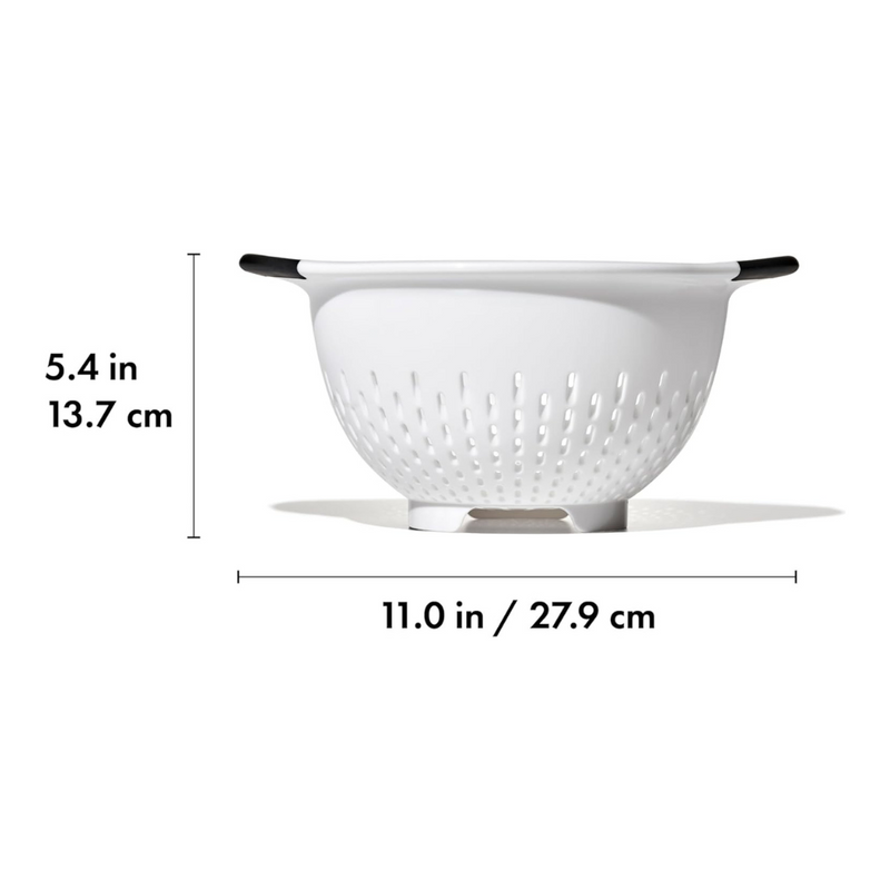 OXO Good Grips Colander with perforated holes, elevated base, and soft non-slip handles.