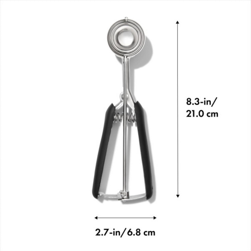 OXO Good Grips Medium Cookie Scoop with stainless steel head and soft spring-loaded non-slip handle.
