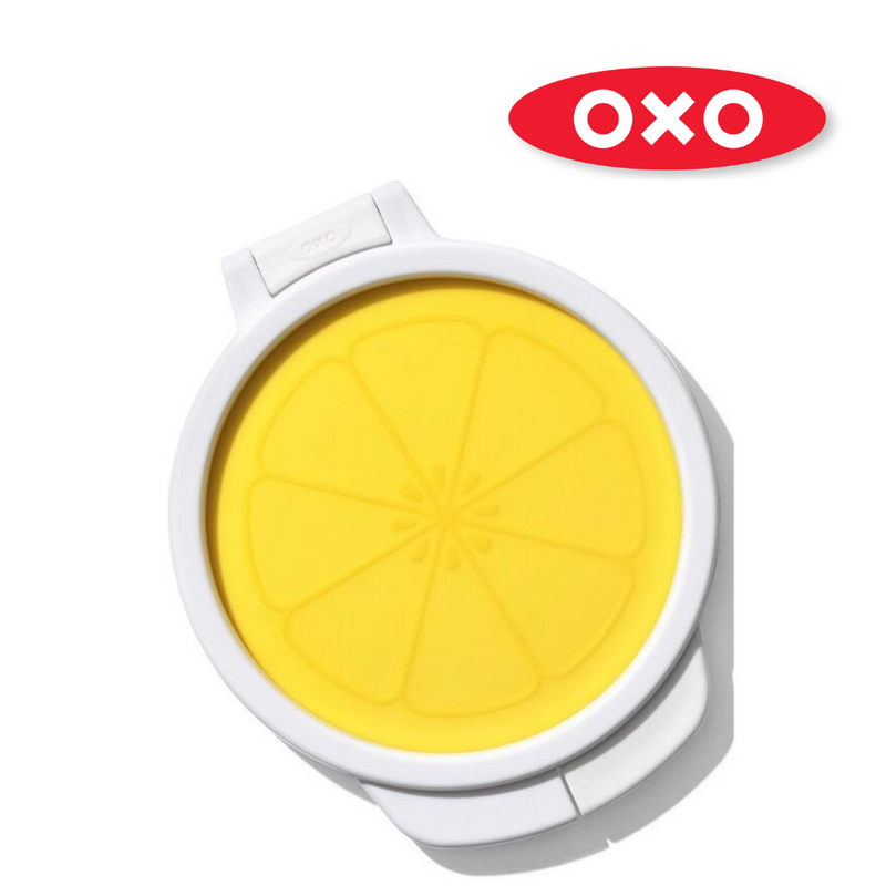 OXO Good Grips Cut & Keep Silicone Lemon Saver with yellow silicone lid and clear base
