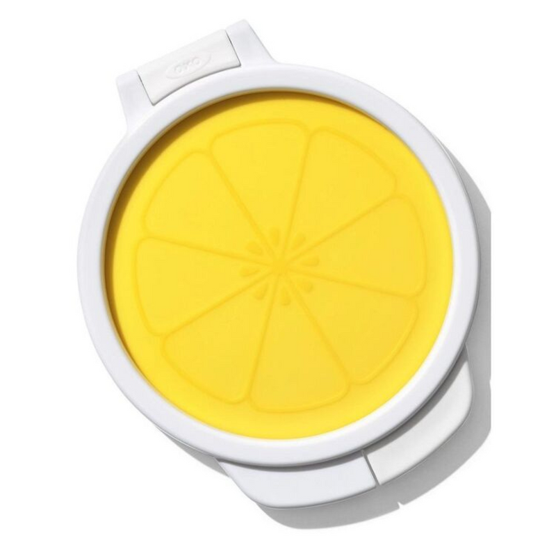 OXO Good Grips Cut & Keep Silicone Lemon Saver with yellow silicone lid and clear base