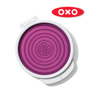 OXO Good Grips Cut & Keep Silicone Onion Saver with purple silicone lid and clear base