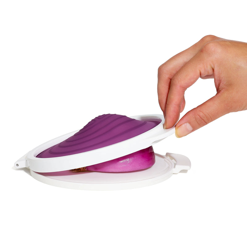 OXO Good Grips Cut & Keep Silicone Onion Saver with purple silicone lid and clear base