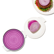 OXO Good Grips Cut & Keep Silicone Onion Saver with purple silicone lid and clear base