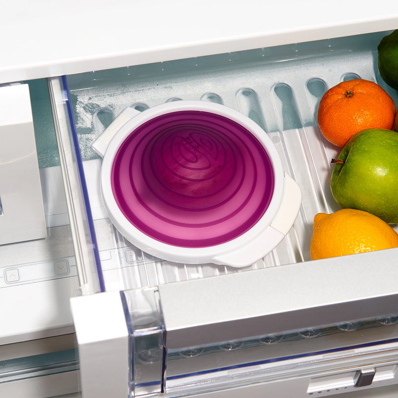 OXO Good Grips Cut & Keep Silicone Onion Saver with purple silicone lid and clear base
